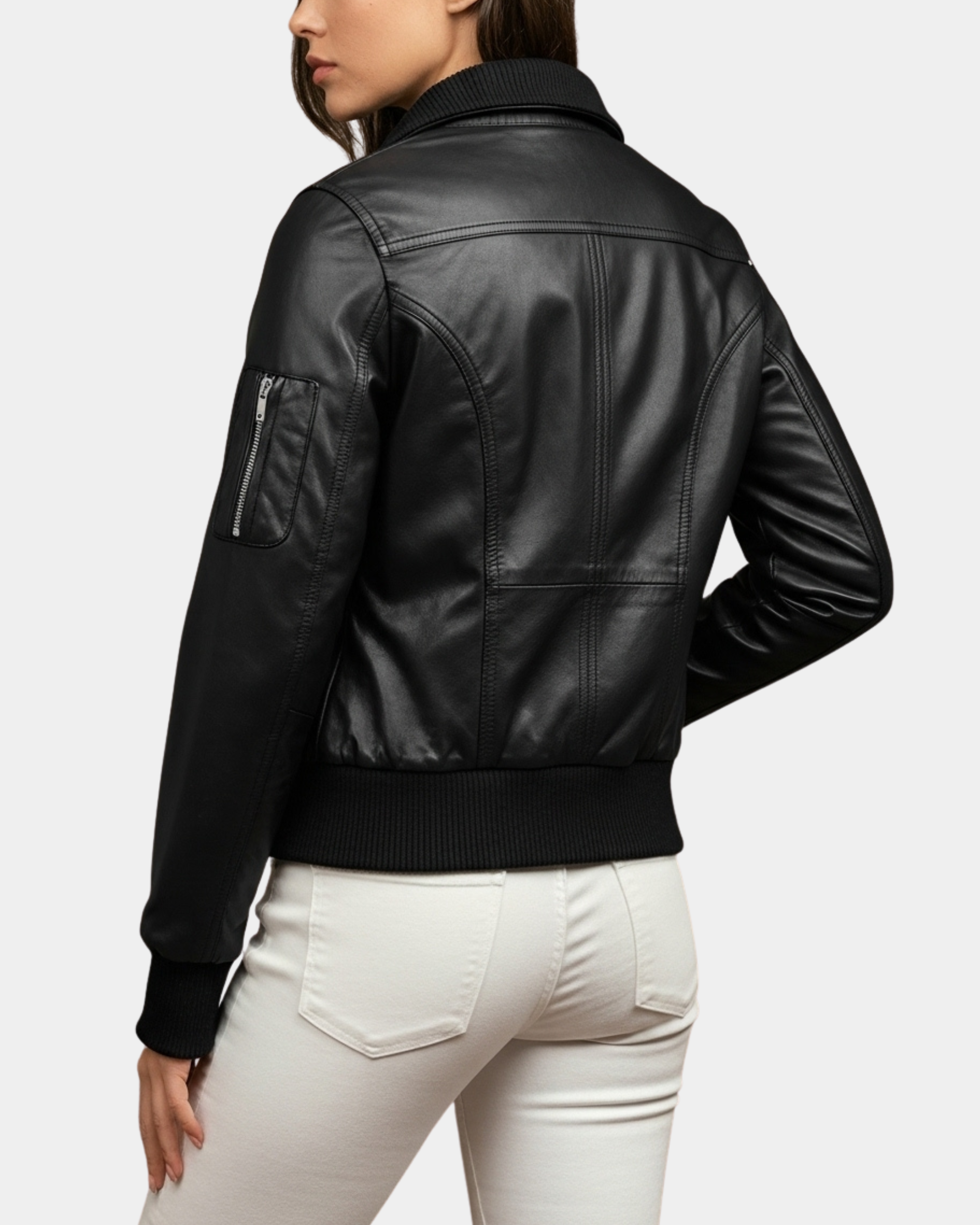Women’s Leather Classic Bomber Jacket in Motto Nova Black