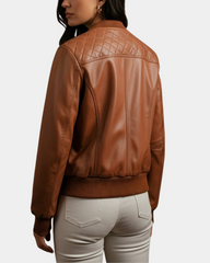Women’s Leather Varsity Quilted Bomber Jacket in Dynamo Tan
