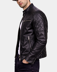 Mens Leather Biker Style Jacket with Quilt Detail Nova Black
