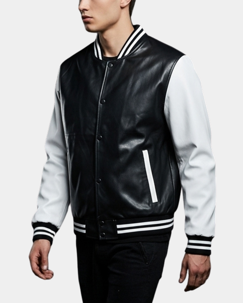 Men's Leather College Boy Varsity Jacket Garry Black Astral White