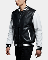 Men's Leather College Boy Varsity Jacket Garry Black Astral White