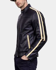 Mens Leather Biker Jacket with Racing Stripes Clyde Nova Black