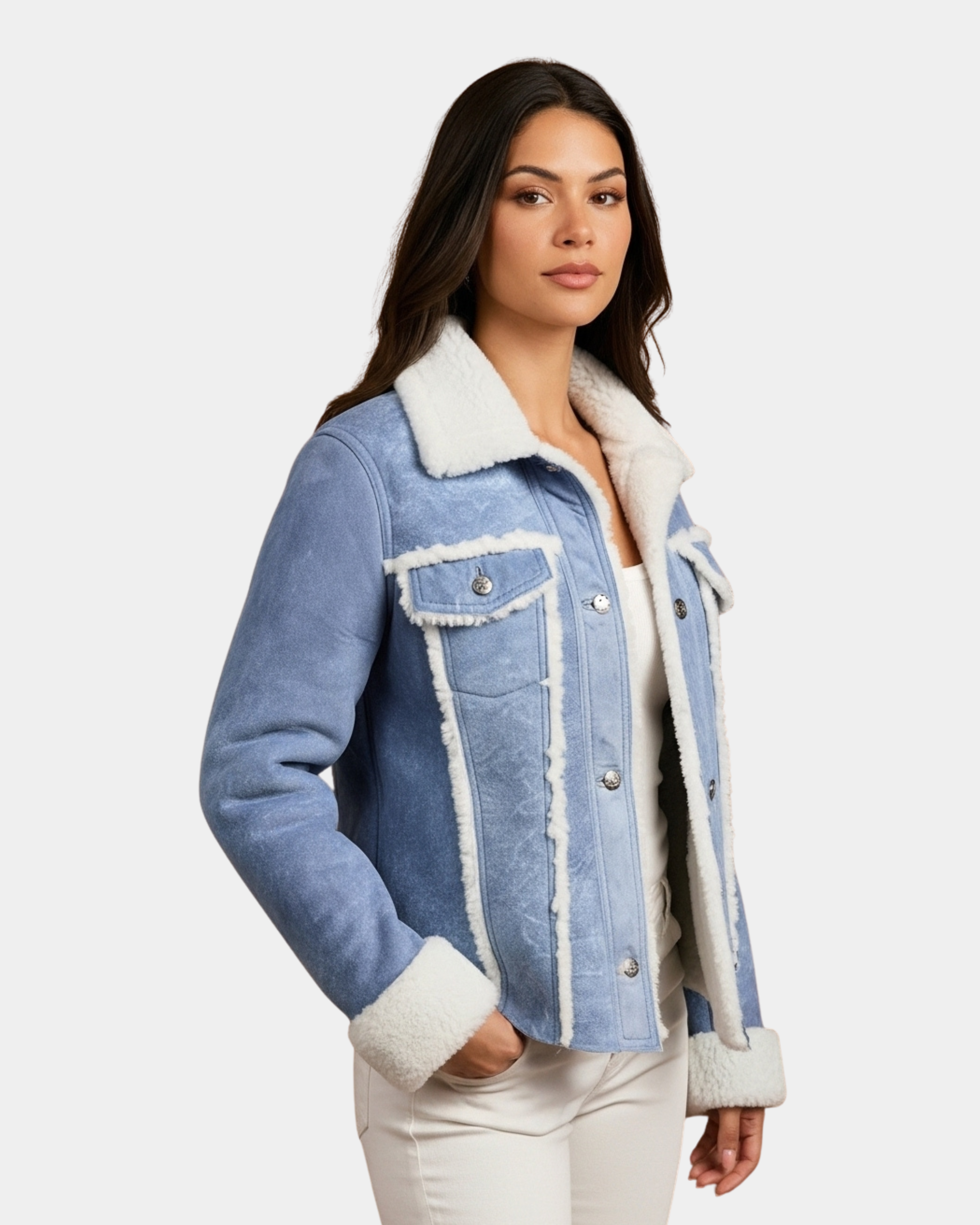 Women’s Real Sheepskin Trucker Jacket Kylie Denim Radiant Blue