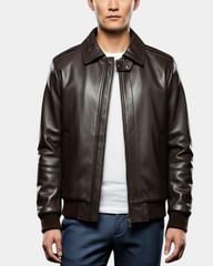 Men's Leather Bomber Pilot Jacket Removable Collar Leroy Zenith Brown