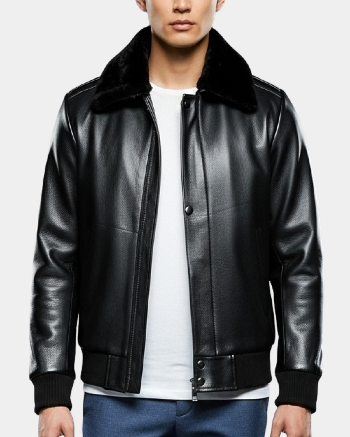 Men's Leather Bomber Pilot Jacket Removable Collar Leroy Nova Black