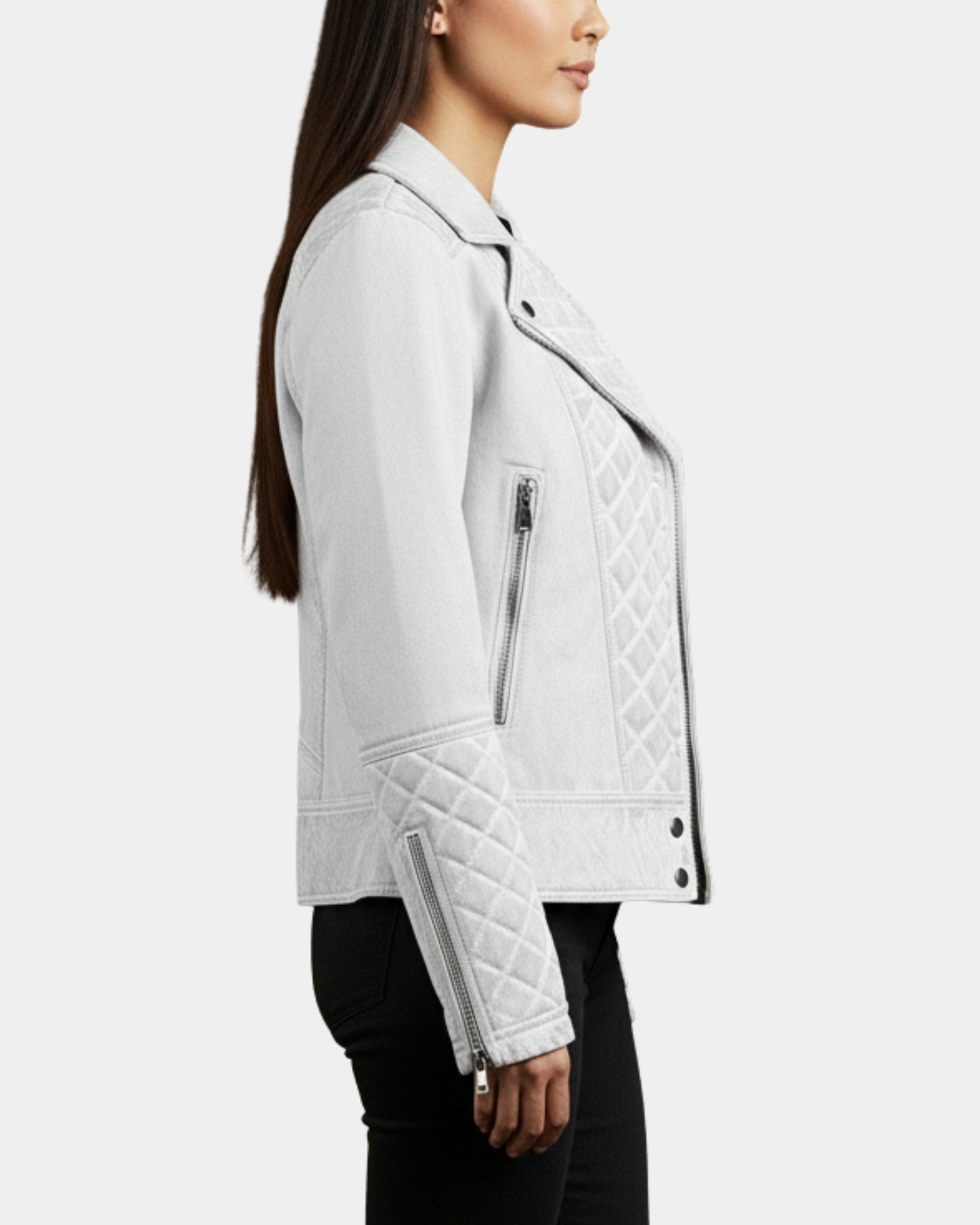 Women's Leather Biker Jacket with Quilt Detail Vintage Astral White