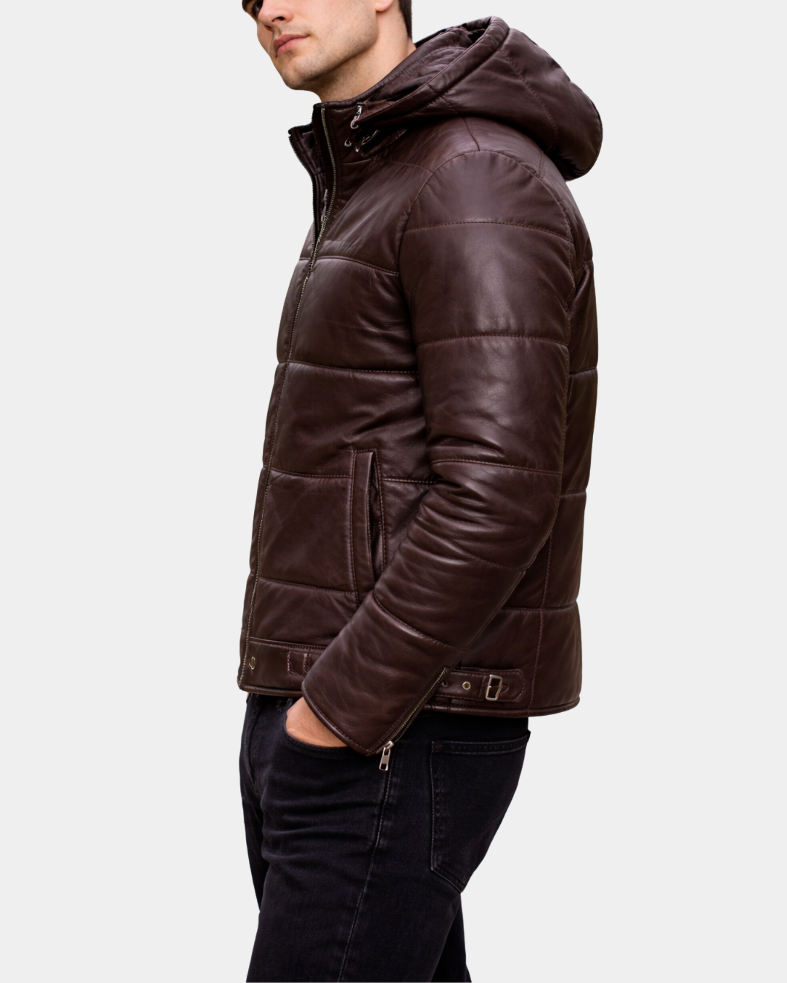 Men's Leather Hooded Puffer Jacket Zenith Brown