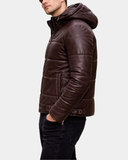 Men’s Leather Hooded Puffer Jacket – Zenith Brown – product view 3