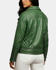 Women's Leather Biker Jacket with Quilt Detail Aurora Green