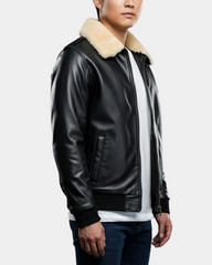 Men's Bomber Leather Jacket with Sheepskin Collar Viggo Nova Black