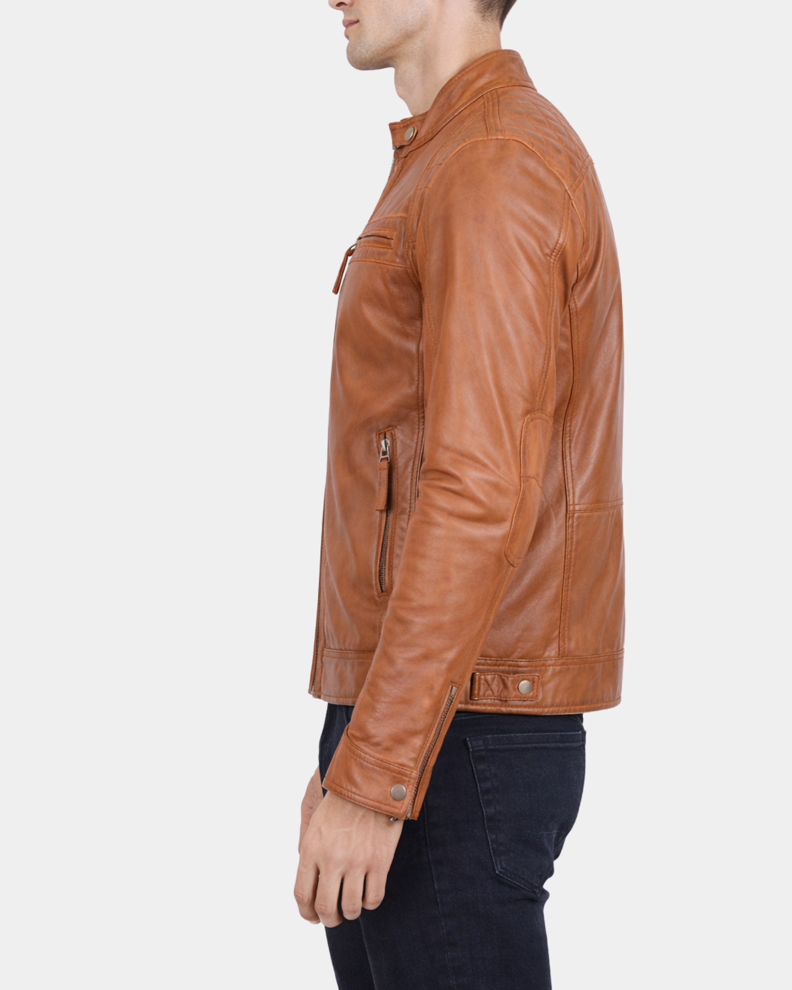 Men’s Biker Leather Jacket with Standing Collar  Bowie Dynamo Tan