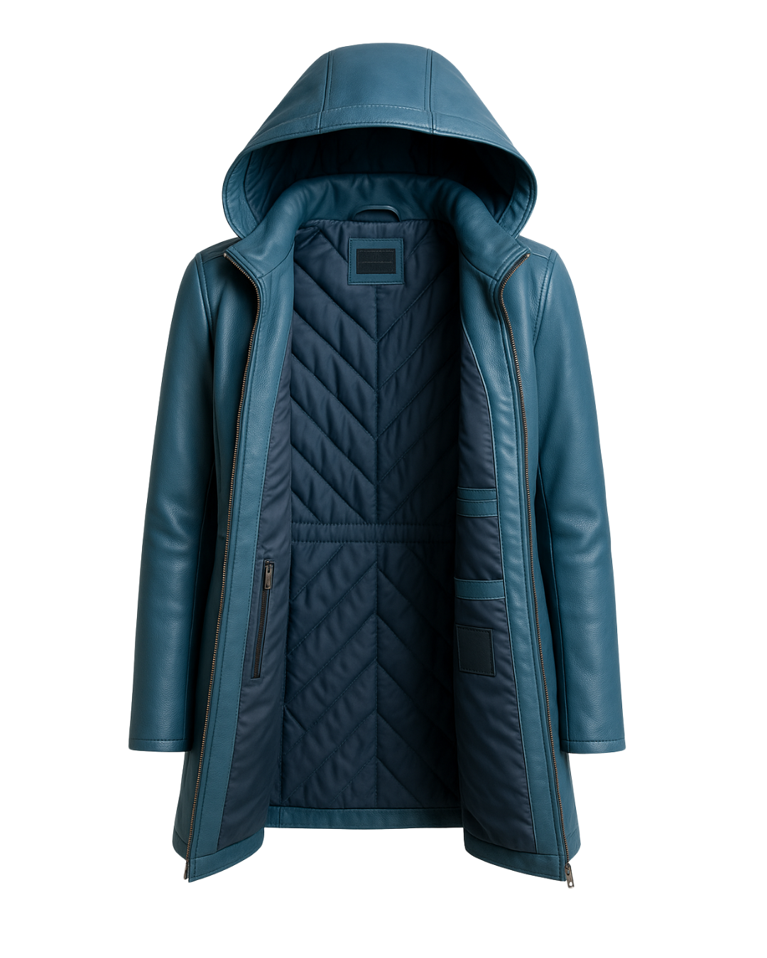 Azure Harbor Detachable-Hood Leather Coat Azure Blue