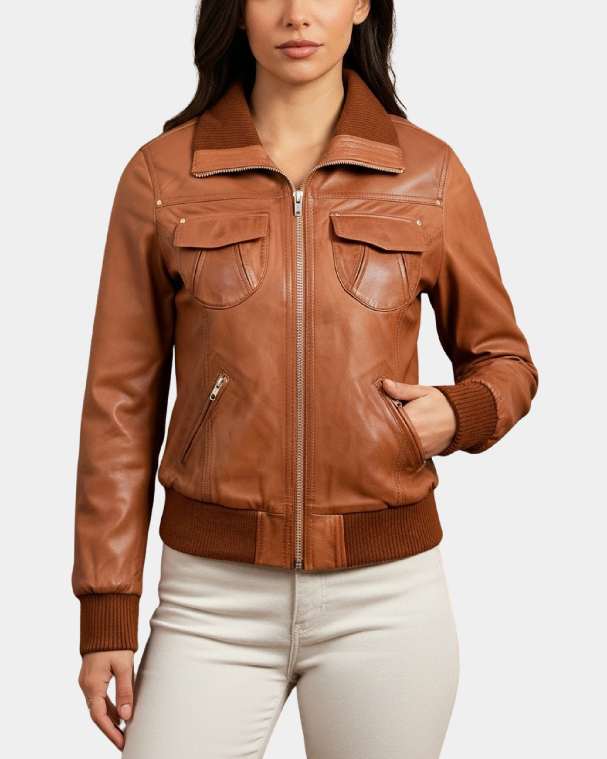 Women's Leather Classic Bomber Jacket Motto Dynamo Tan