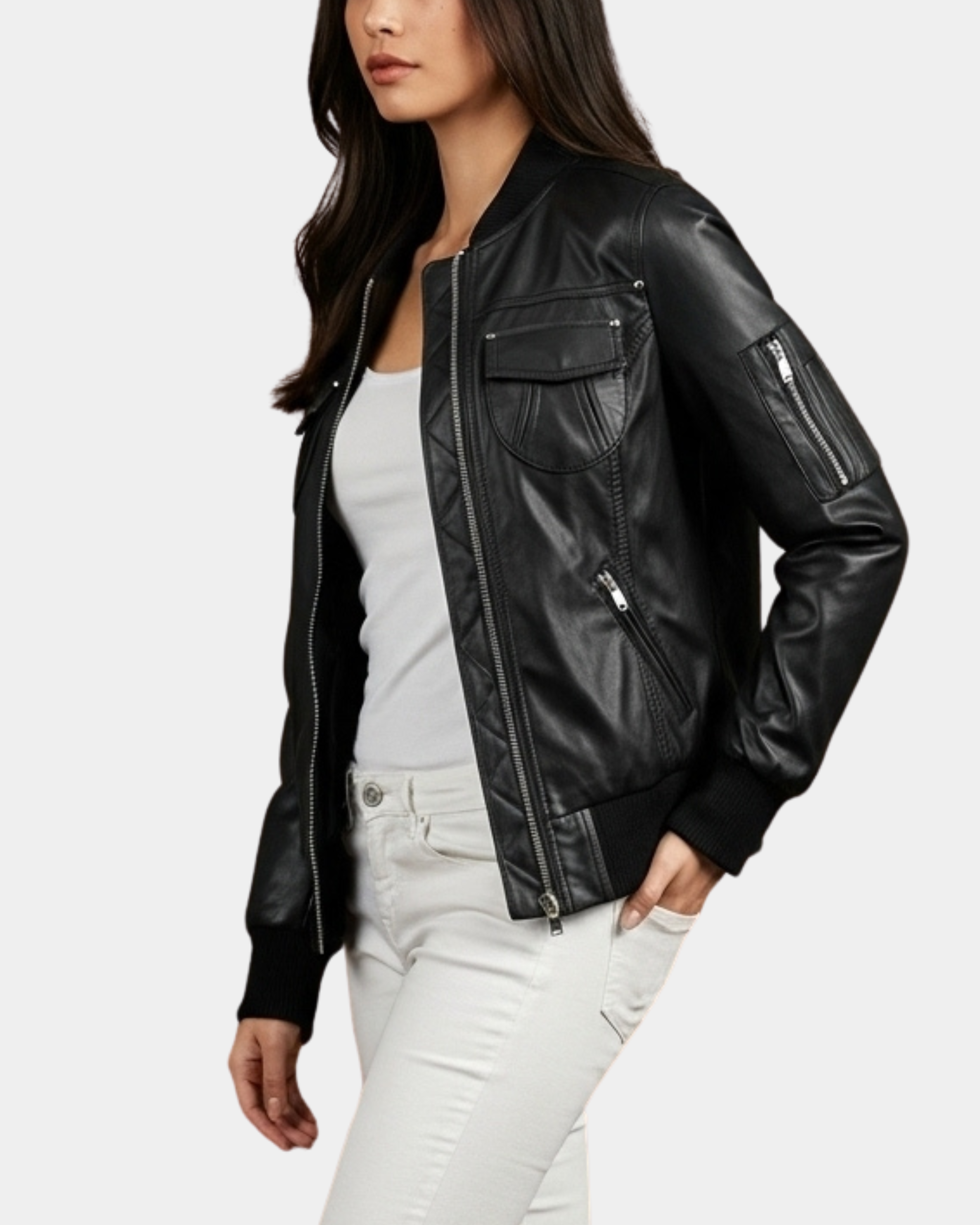 Women’s Leather Classic Bomber Jacket in Motto Nova Black