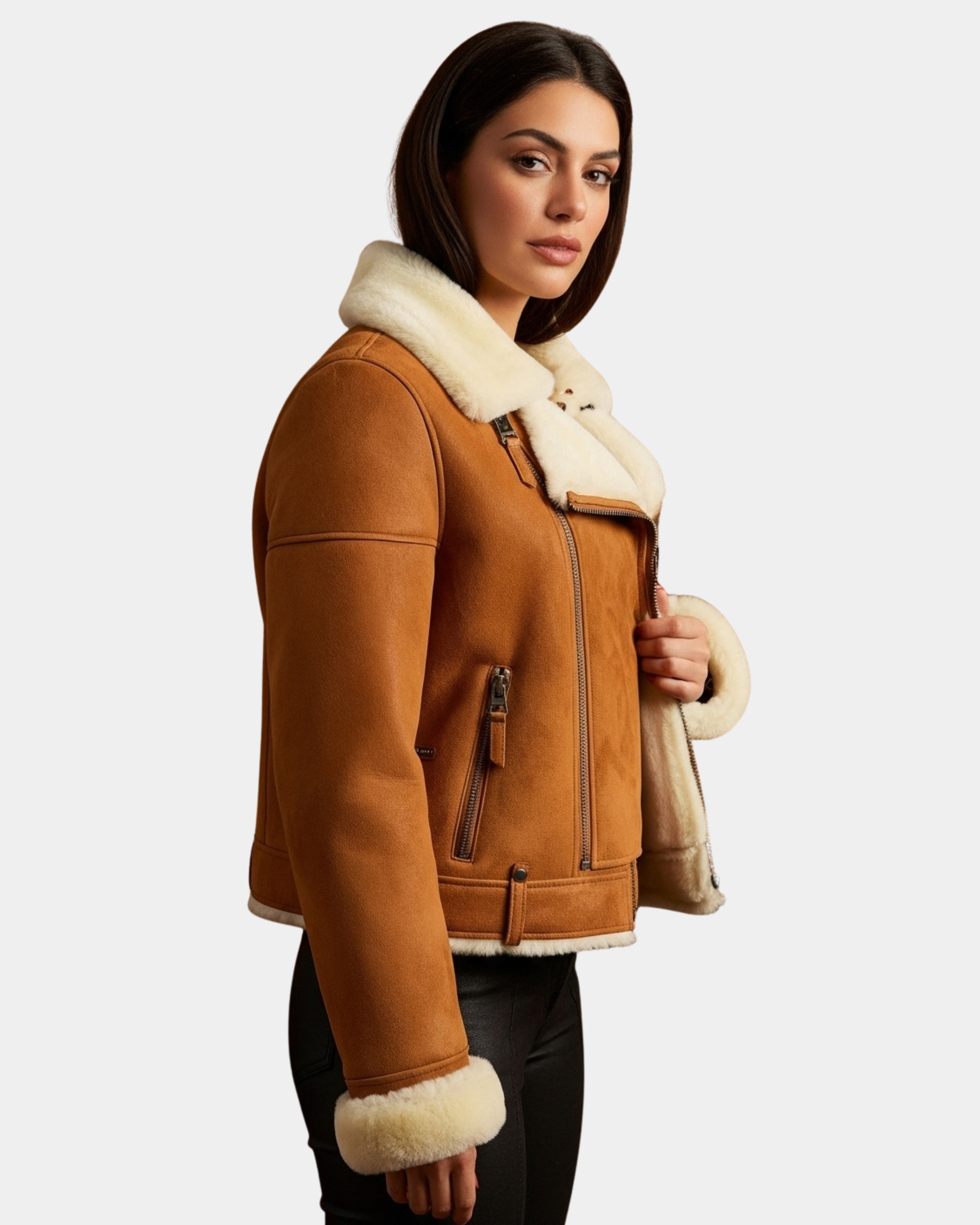Women’s Sheepskin Aviator Pilot Jacket Dynamo Tan White