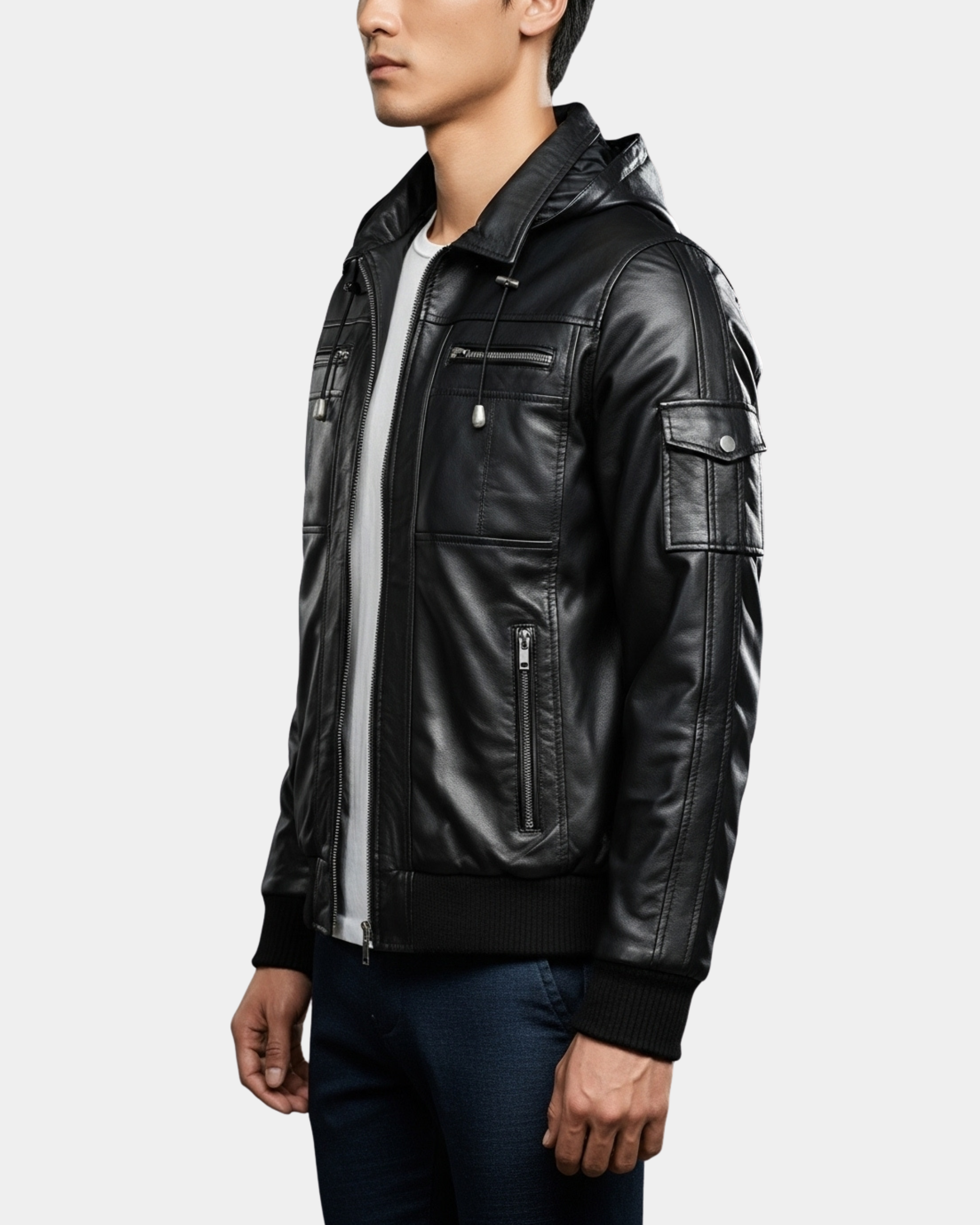 Men's Leather Bomber Jacket with Hoodie Bronx Nova Black