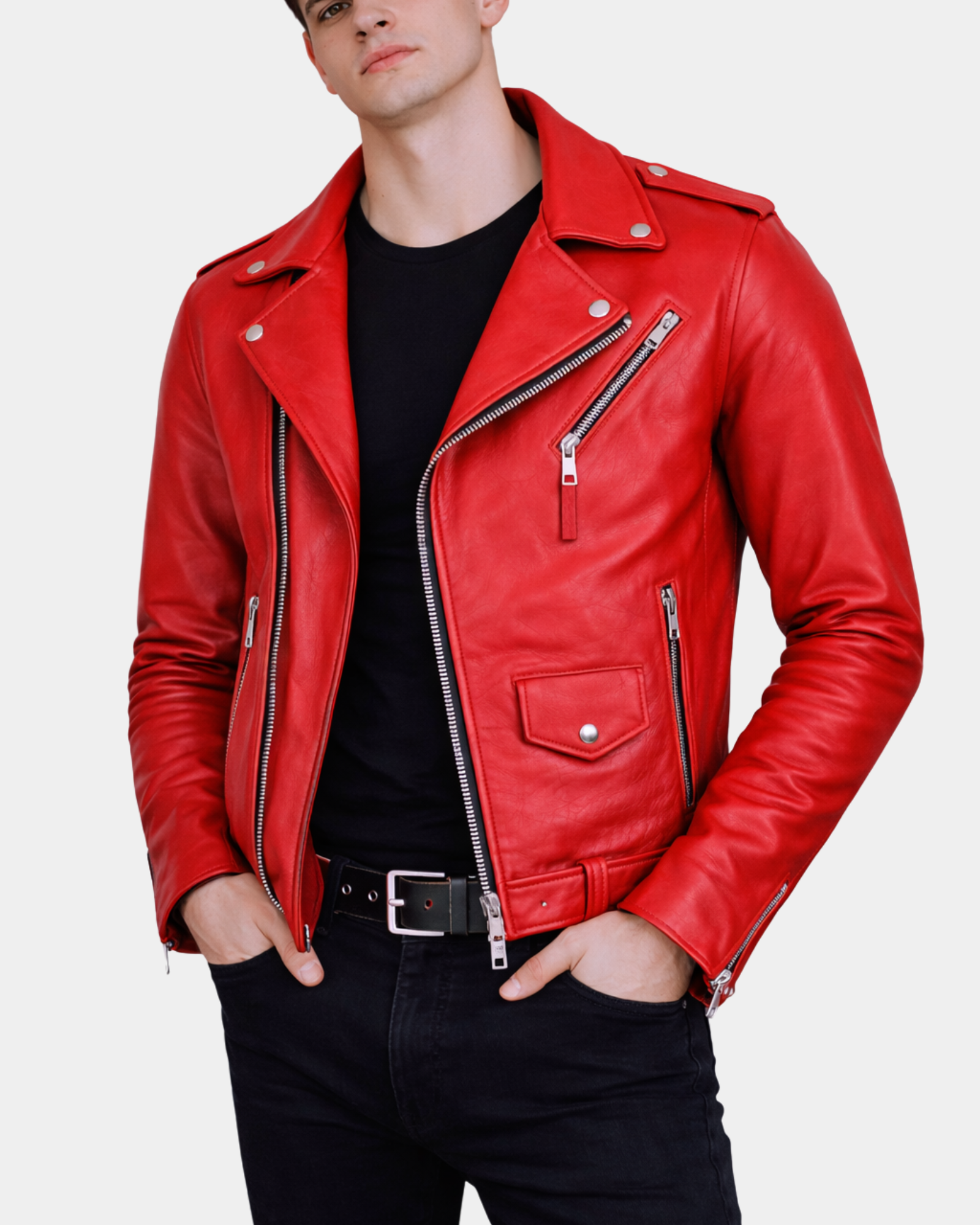 Men's Heavy Duty Leather Biker Brando Jacket Ignite Red