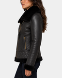 Women's Merino Sheepskin Aviator Jacket Nova Black - side profile