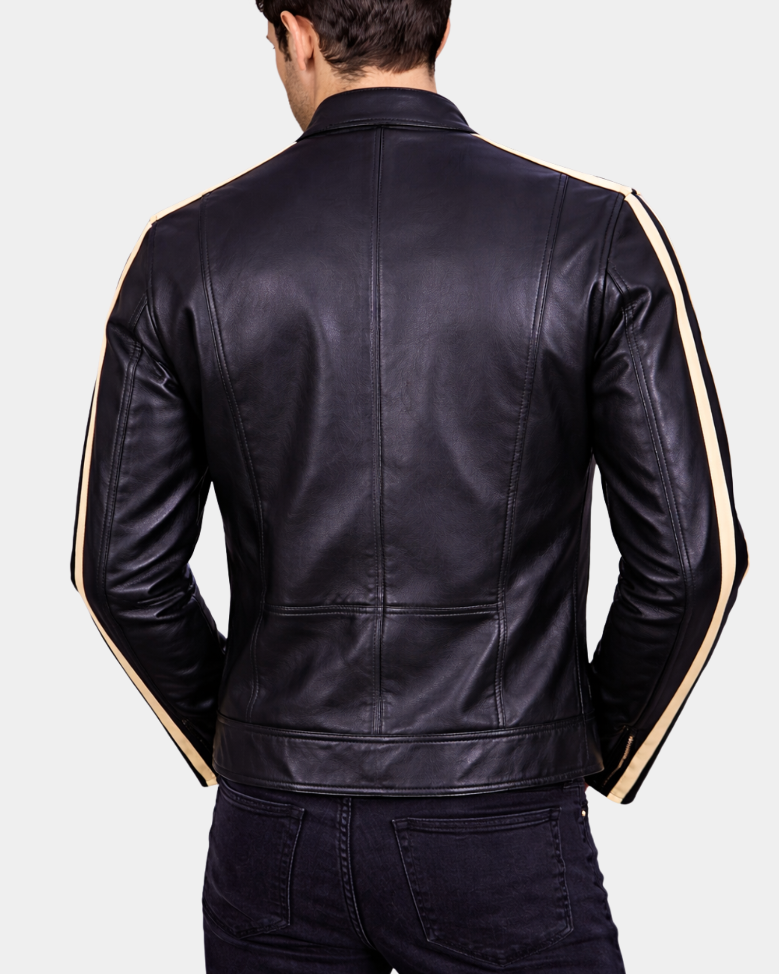 Mens Leather Biker Jacket with Racing Stripes Clyde Nova Black