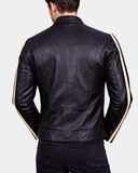 Men’s Leather Biker Jacket with Racing Stripes Clyde – Nova Black – product view 2