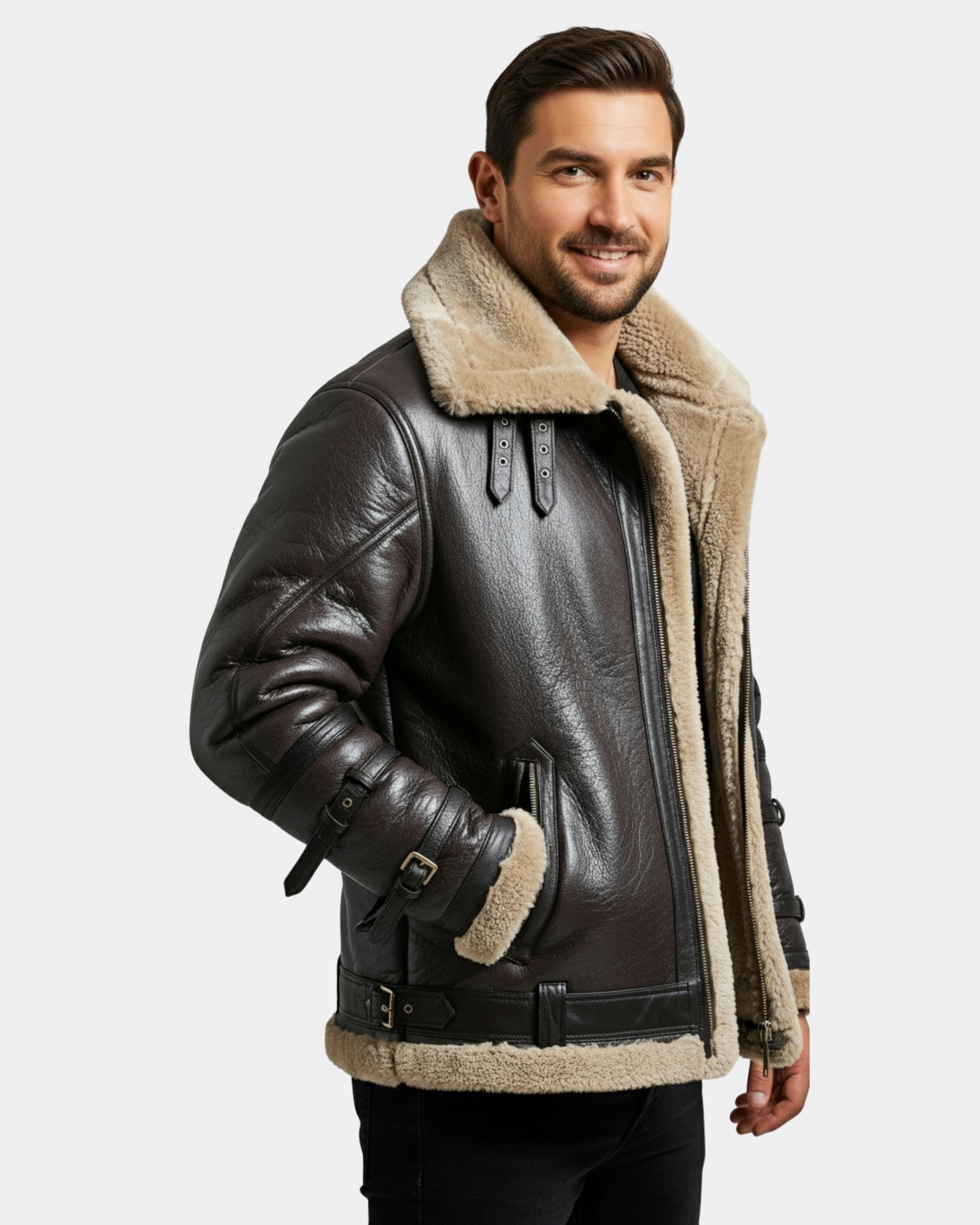 Men’s Bomber Flying Aviator B3 Real Leather Jacket with Double Collar  Zenith Brown (MF7)