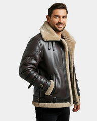 Men’s Bomber Flying Aviator B3 Real Leather Jacket with Double Collar  Zenith Brown (MF7)