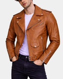 Men’s Leather Biker Jacket Brando Style Johnny – Dynamo Tan – product view 1