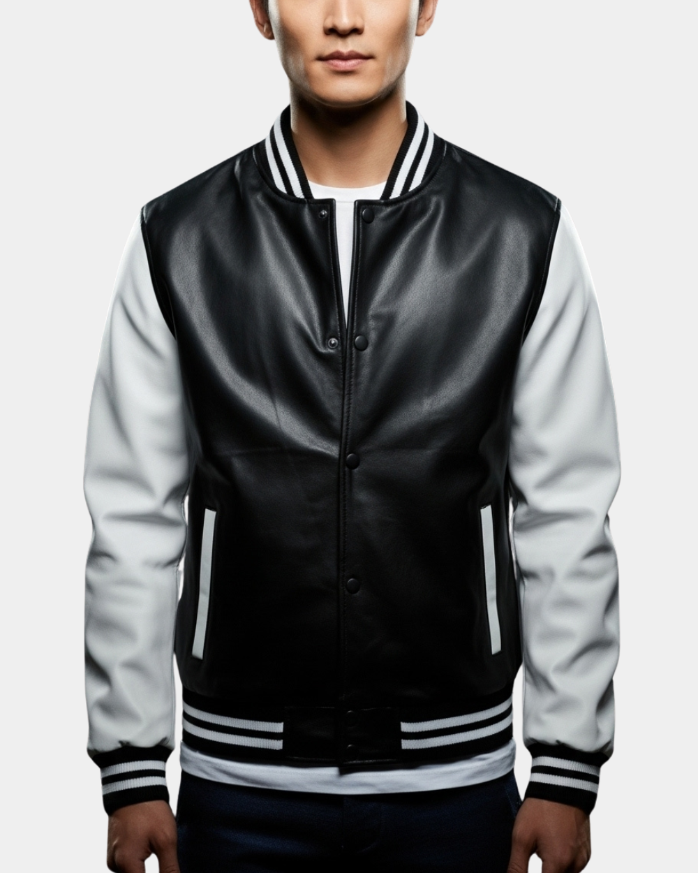 Men's Leather College Boy Varsity Jacket Garry Black Astral White