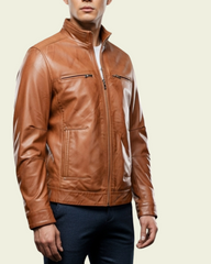 Men's Standing Collar Leather Jacket Tony Dynamo Tan