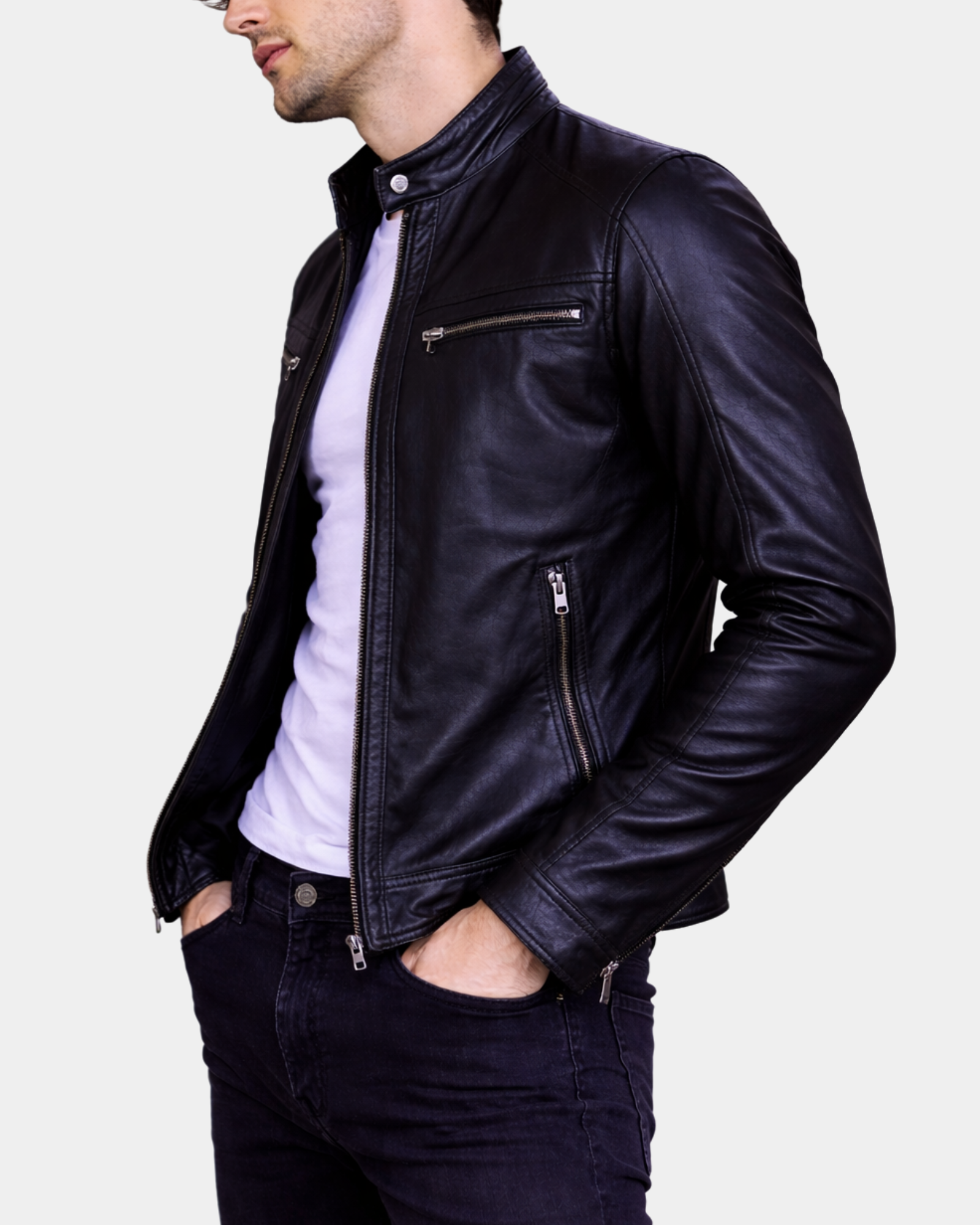 Mens Leather Cafe Racer Biker Jacket Charlie Black