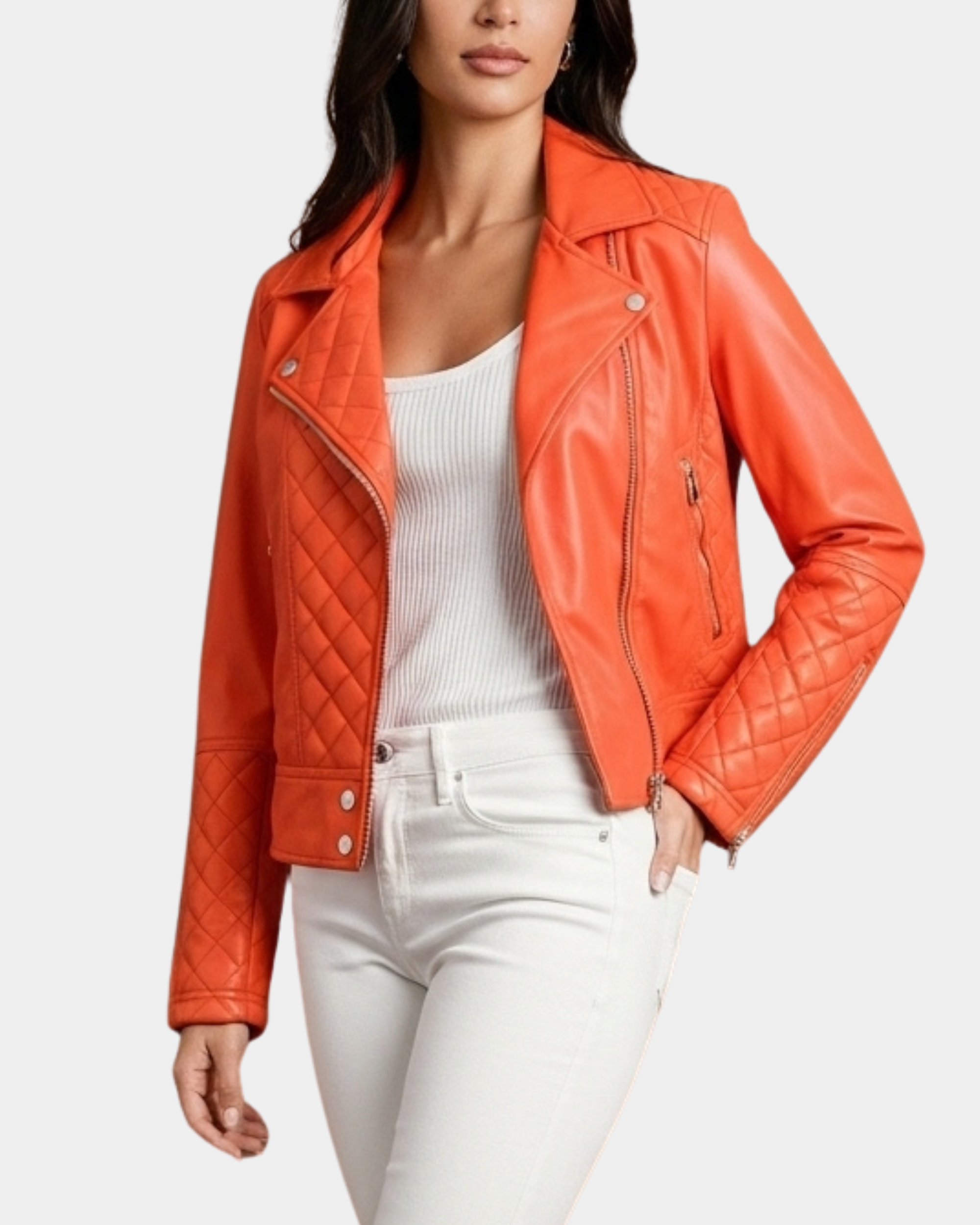 Women's Leather Biker Jacket with Quilt Detail Blissful Orange