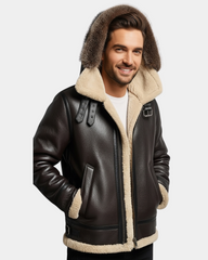 Men’s Bomber Flying Aviator RAF B3 Real Leather Sheepskin Jacket Zenith Brown Hooded