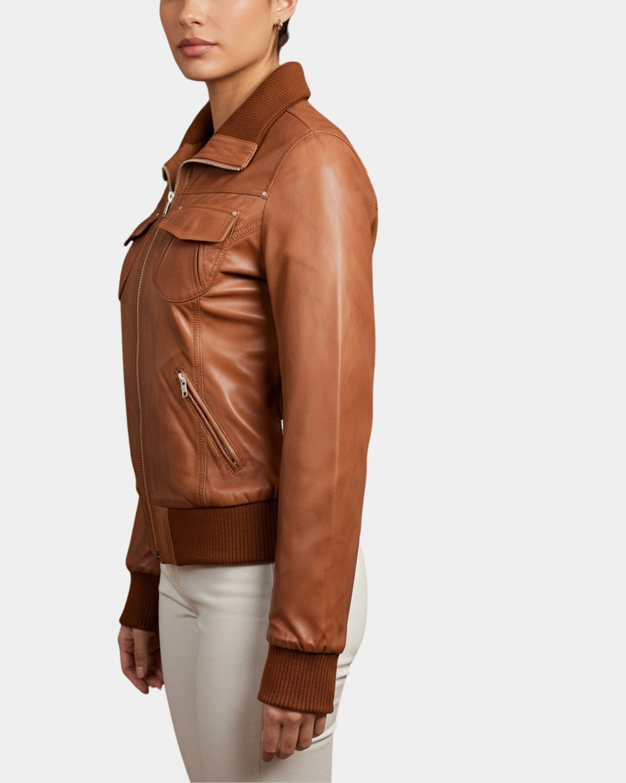 Women's Leather Classic Bomber Jacket Motto Dynamo Tan