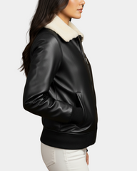 Women’s Nova Black Leather Bomber Jacket with Removable Collar