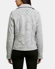 Women's Leather Biker Jacket with Quilt Detail Vintage Astral White