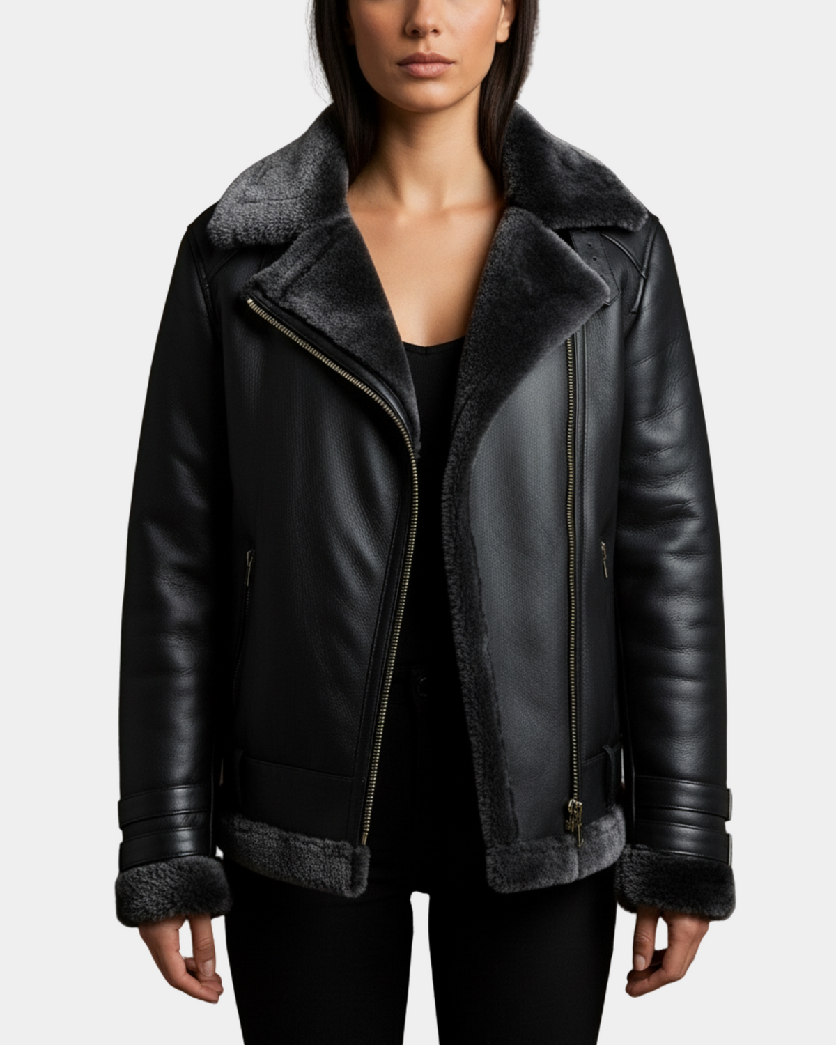 Women’s Sheepskin Aviator Cross-Zip Pilot Jacket Nova Black