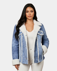 Women’s Real Sheepskin Trucker Jacket Kylie Denim Radiant Blue