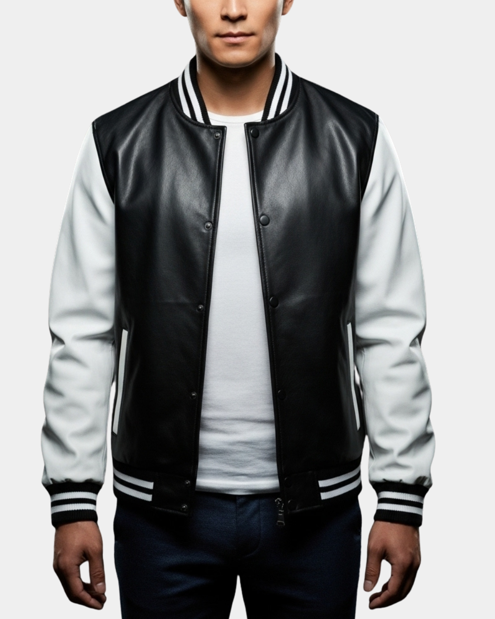 Men's Leather College Boy Varsity Jacket Garry Black Astral White