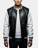 Men’s Leather College Boy Varsity Jacket – Garry Black Astral White – product view 1