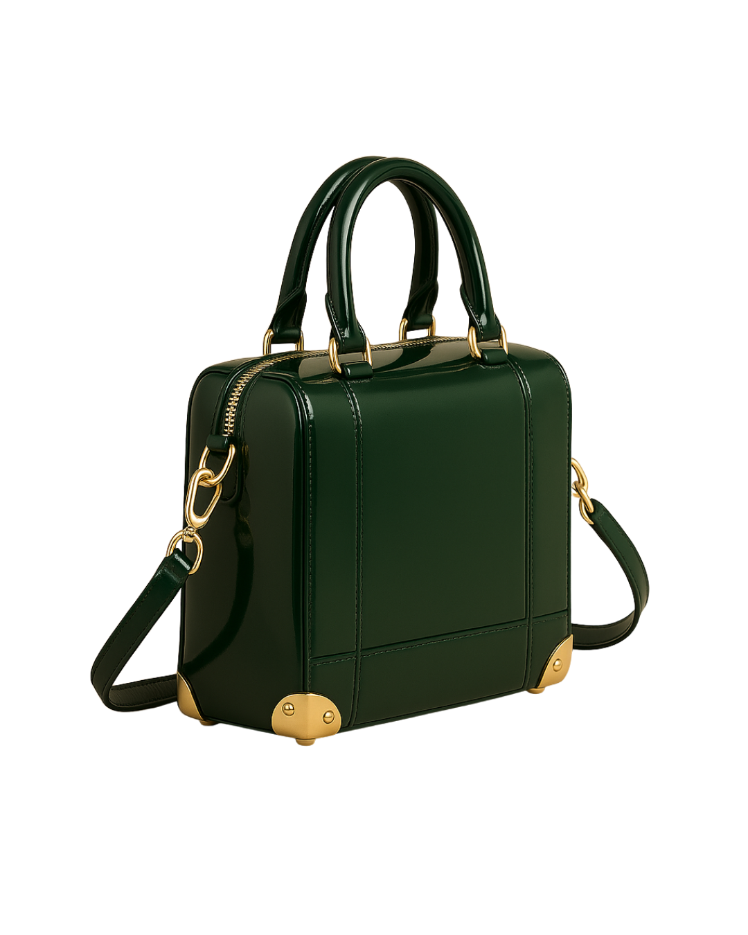Lux Leather USA Aurora Gloss Patent Handbag – Dark Emerald Green with Gold Chain