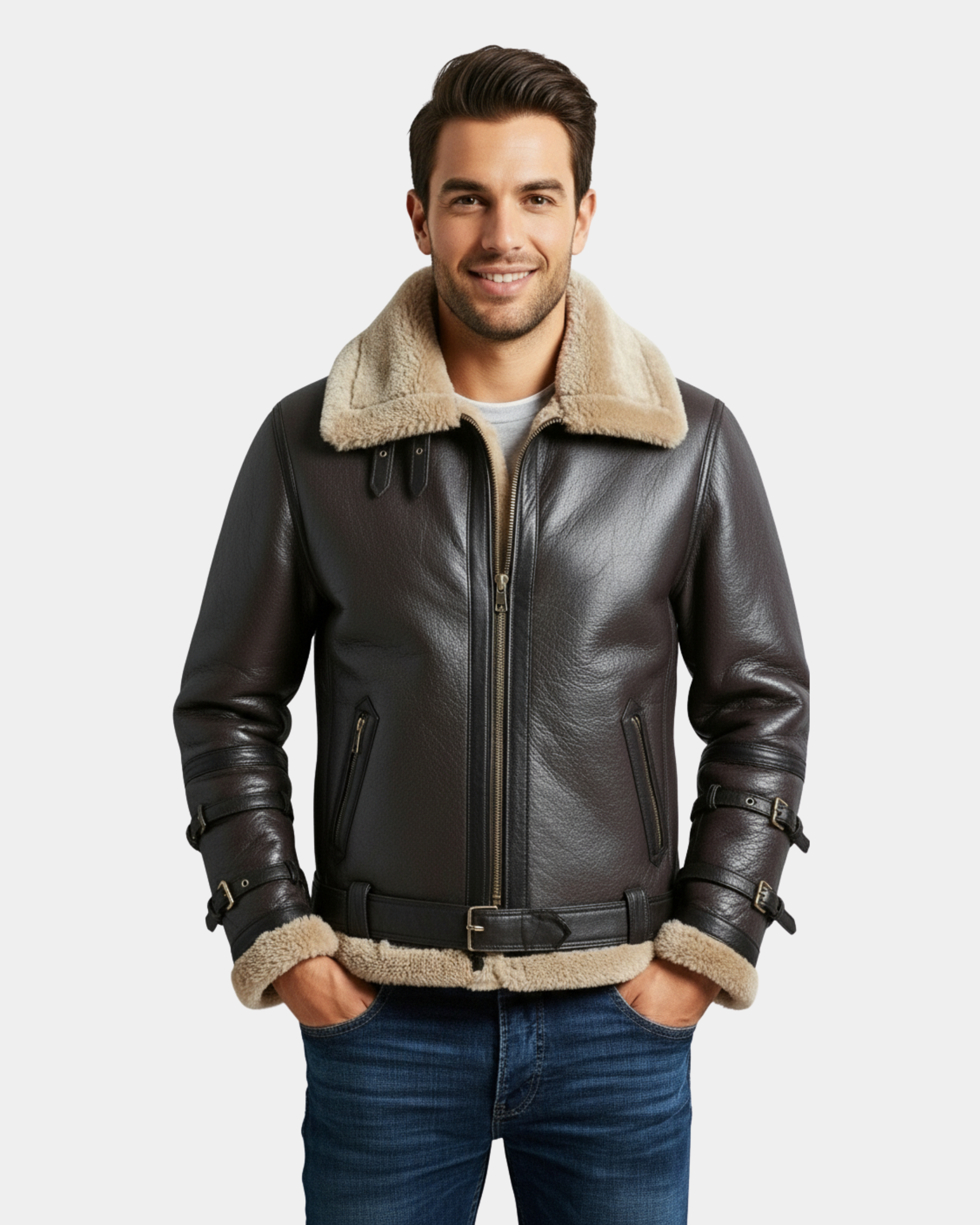 Men’s Bomber Flying Aviator B3 Real Leather Jacket with Double Collar  Zenith Brown (MF7)
