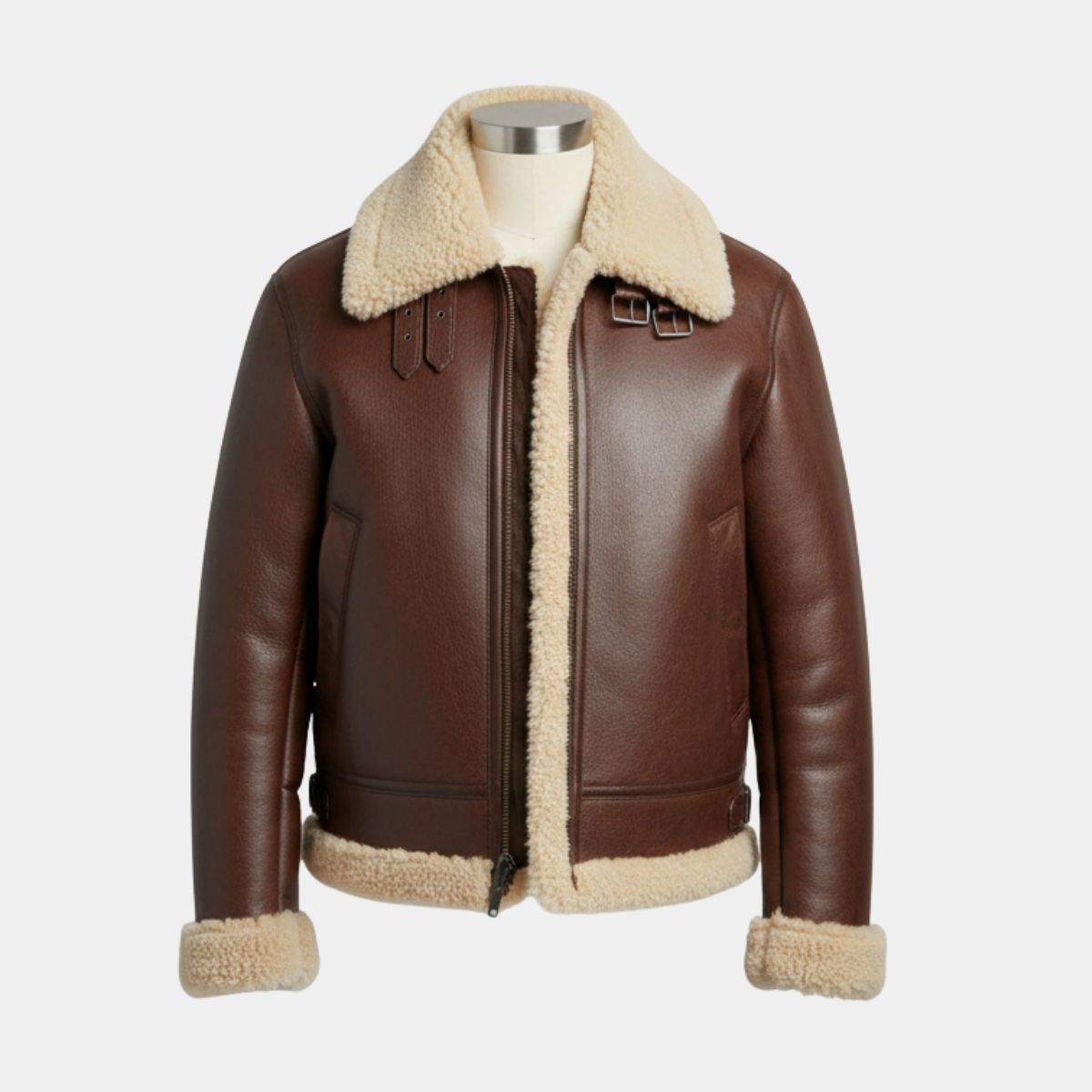 Brown Shearling Leather Aviator Jacket for Women