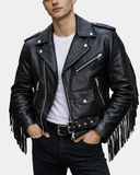 Men’s Brando Fringe Leather Biker Jacket – Nova Black – product view 1