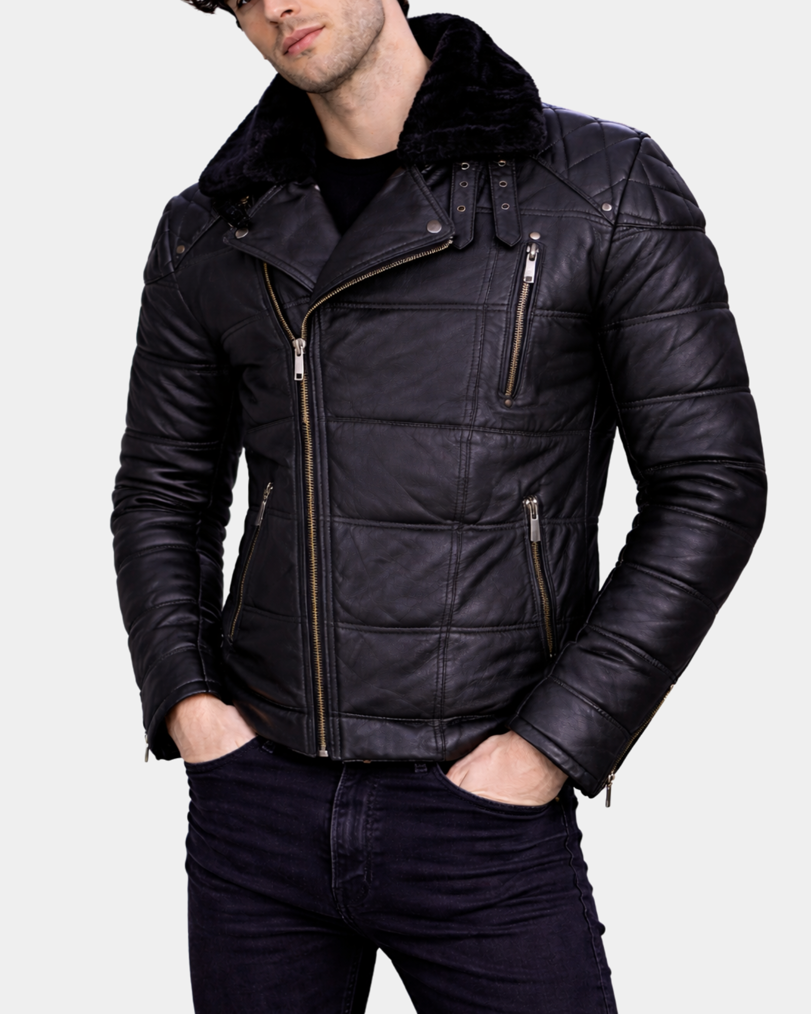 Men's Leather Biker Style Puffer Jacket Ronnie Nova Black