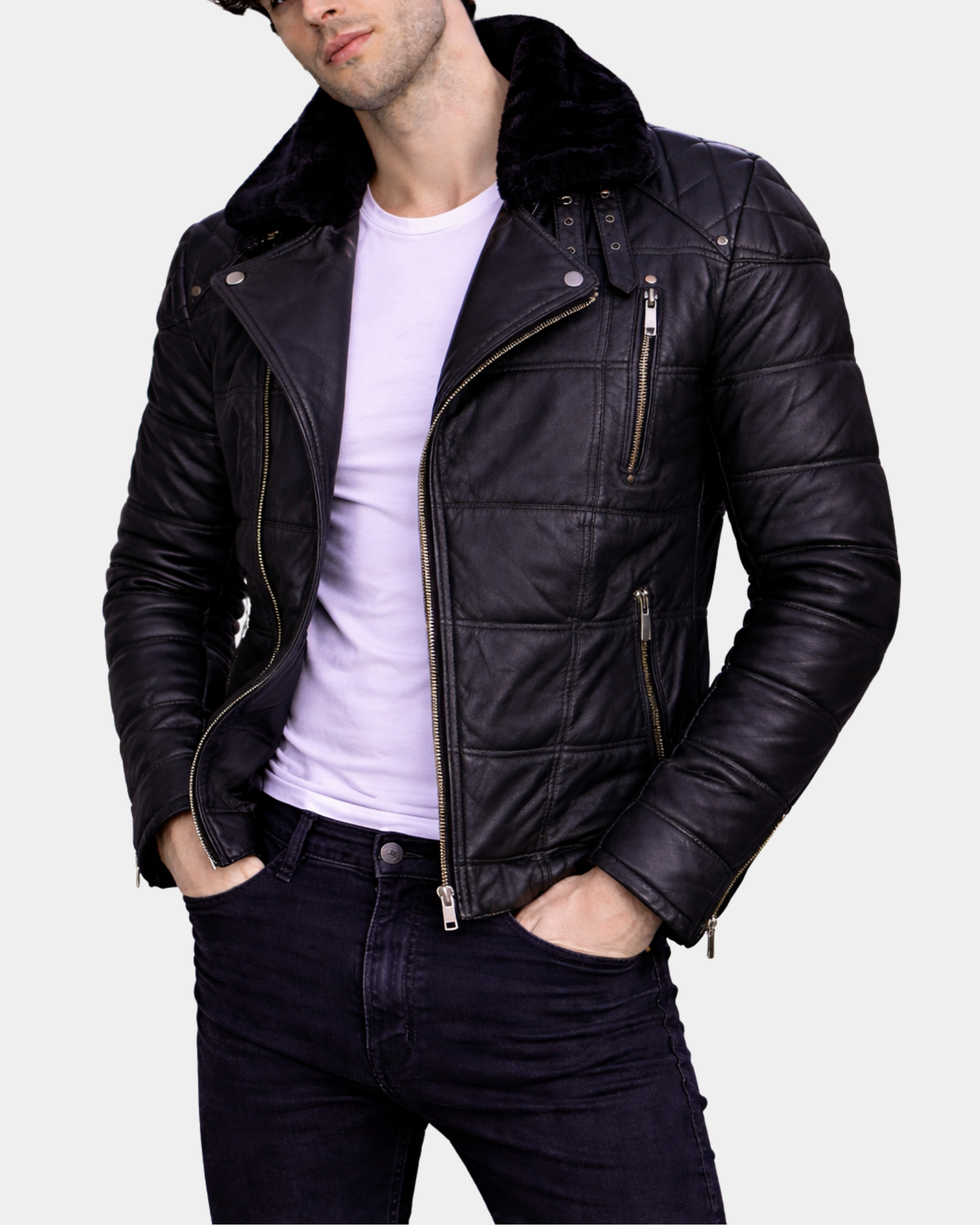 Men's Leather Biker Style Puffer Jacket Ronnie Nova Black