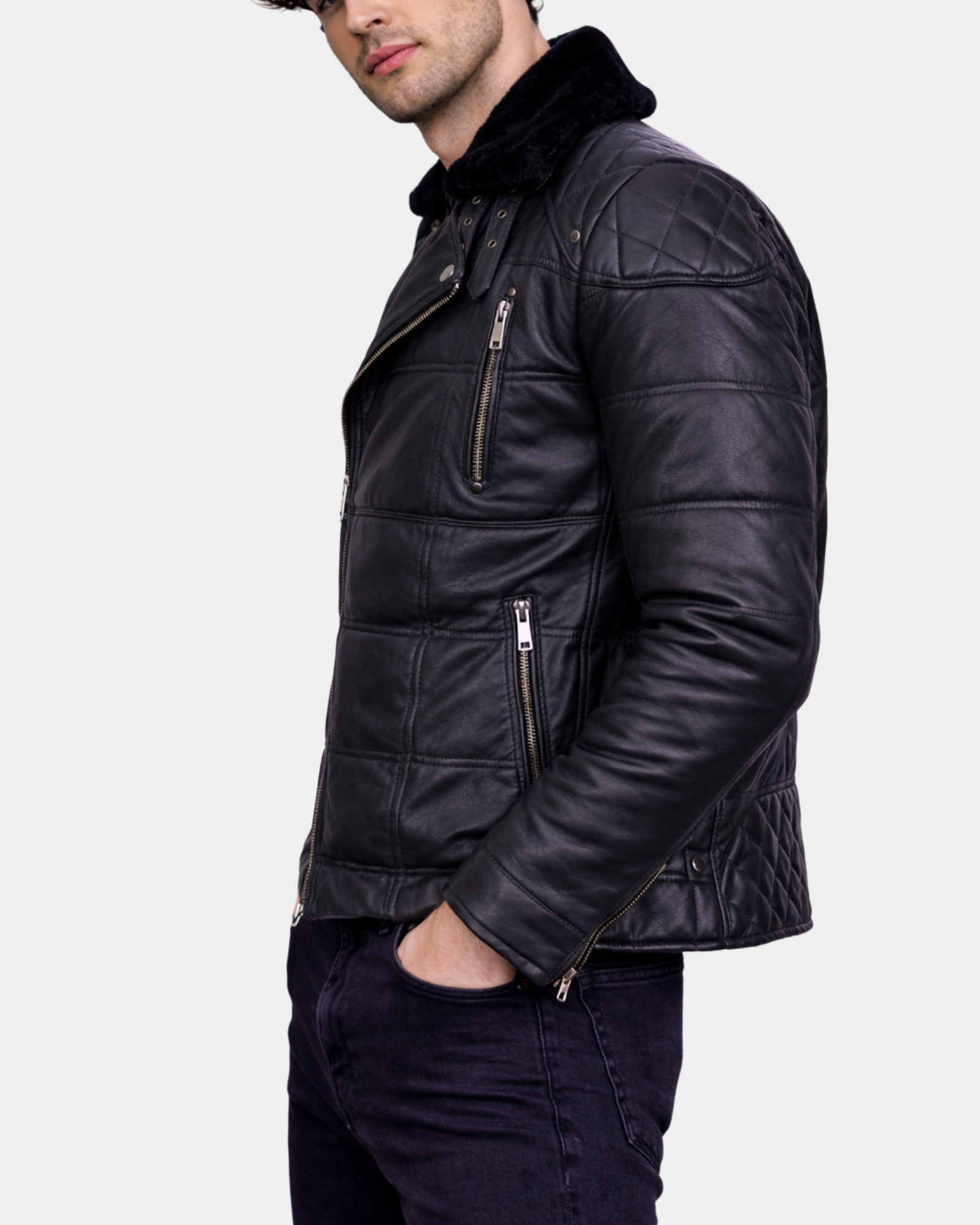 Men's Leather Biker Style Puffer Jacket Ronnie Nova Black