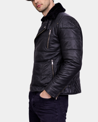 Men's Leather Biker Style Puffer Jacket Ronnie Nova Black