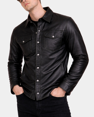 Men's Leather Shirt Classic Trucker Style Oliver Nova Black