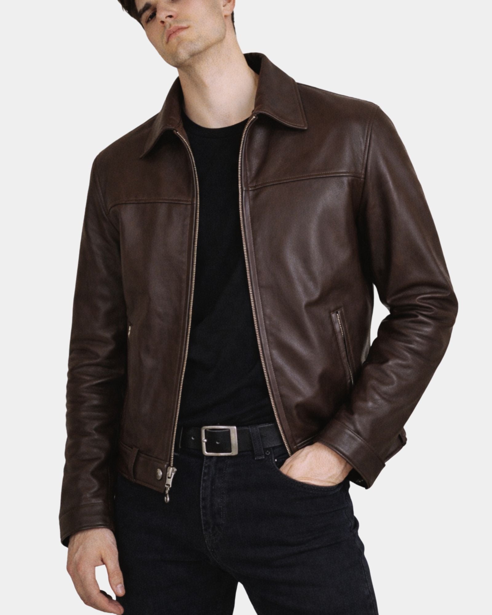 Men's Leather Zip Box Harrington Jacket James Zenith Brown