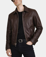 Men's Leather Zip Box Harrington Jacket James Zenith Brown